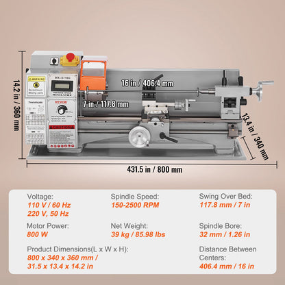 Mini Metal Lathe Machine, 7'' x 16'', 800W Precision Power Metal Lathe, 150-2500 RPM Continuously Variable Speed, with 3.9'' 3-Jaw Metal Chuck Toolbox for Machining Precision Parts