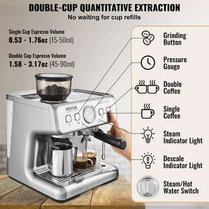 Espresso Machine with Grinder, 15 Bar Semi-Automatic Espresso Coffee Maker with Milk Frother Steam Wand, Removable Water Tank & Pressure Gauge for Cappuccino, Latte, Machiato, PID Control System