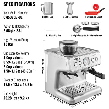 Espresso Machine with Grinder, 15 Bar Semi-Automatic Espresso Coffee Maker with Milk Frother Steam Wand, Removable Water Tank & Pressure Gauge for Cappuccino, Latte, Machiato, PID Control System