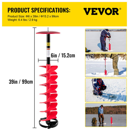 Ice Drill Auger, 6\" Diameter Nylon Ice Auger, 39\" Length Ice Auger Bit,Auger Drill with 11.8\" Extension Rod,Auger Bit with Drill Adapter,Top Plate & Blade Guard for Ice Fishing Ice Burrowing