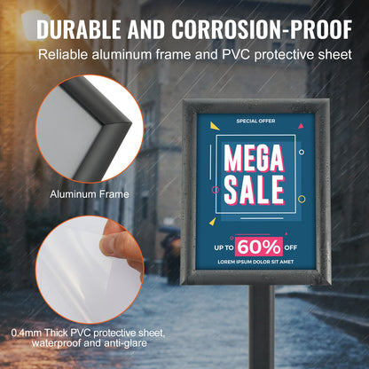 Sockel-Schildhalter, 8,5 x 11 Zoll, vertikal und horizontal verstellbarer Plakatständer, robuster Boden-Schildhalter mit Metallsockel für Displays, Werbung und den Außenbereich, schwarz