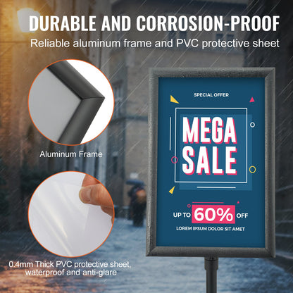 Piedestalskylthållare, 11 x 17 tums vertikalt och horisontellt justerbart affischställ, kraftig golvskylthållare med metallbas för display, reklam och utomhus, svart