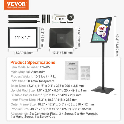Piedestalskylthållare, 11 x 17 tums vertikalt och horisontellt justerbart affischställ, kraftig golvskylthållare med metallbas för display, reklam och utomhus, svart