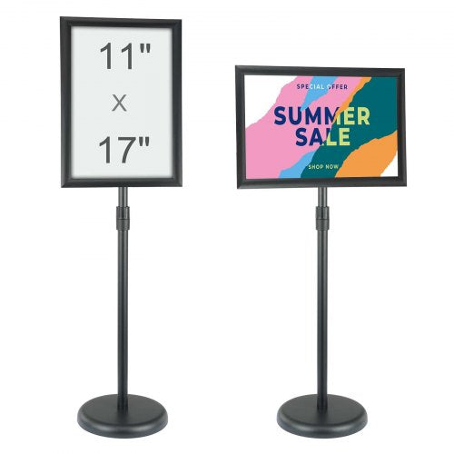 Pedestal Sign Holder, 11 x 17 Inch Vertical and Horizontal Adjustable Poster Stand, Heavy-Duty Floor Standing Sign Holder with Round Base for Display, Advertisement, and Outdoor, Black