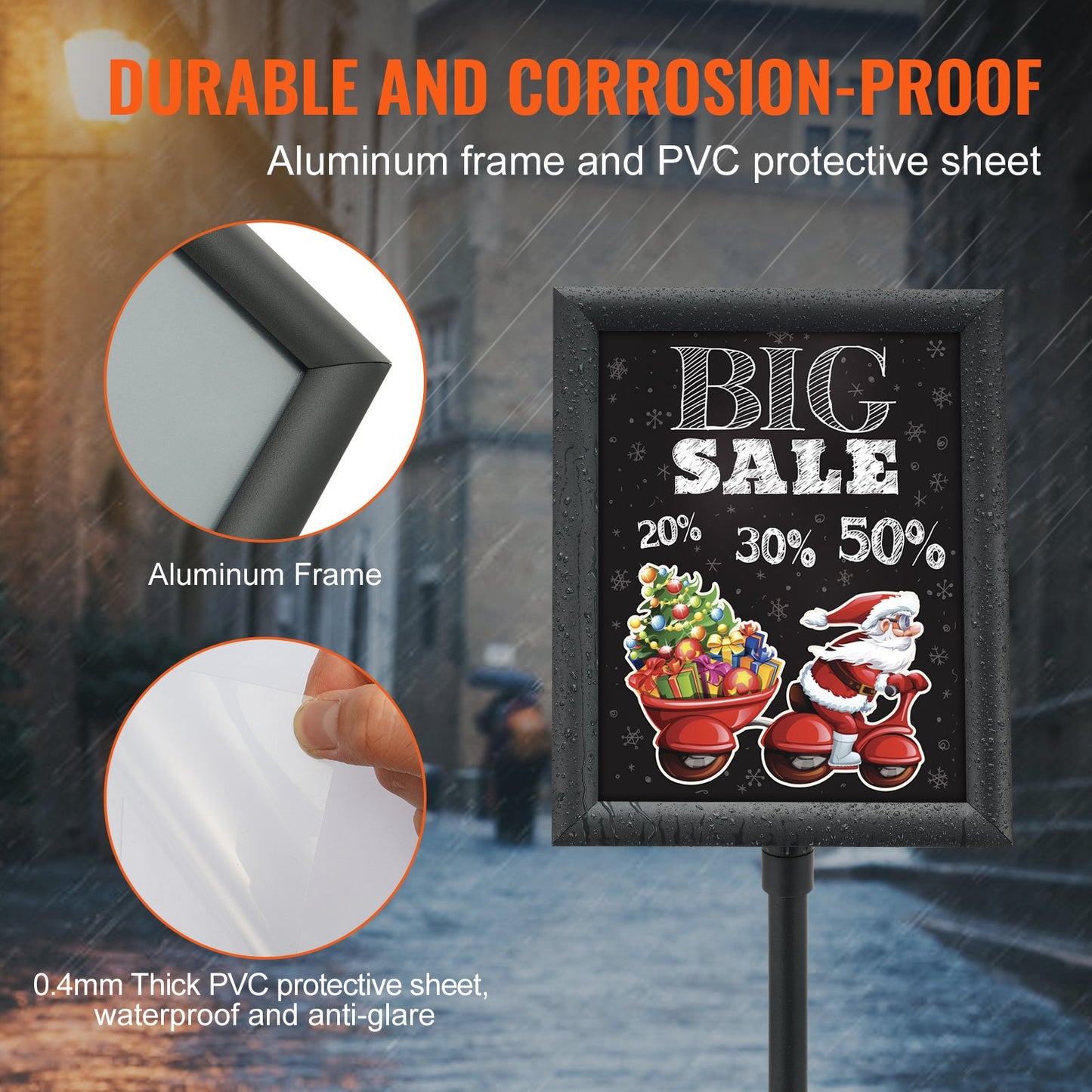 Piedestalskylthållare, 8,5 x 11 tums vertikalt och horisontellt justerbart affischställ, kraftig golvskylthållare med rund bas för display, reklam och utomhus, svart