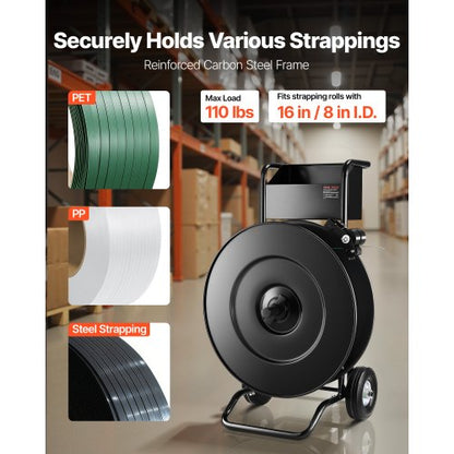 bandvagn, lämplig för PET/PP/stålbandningsrullar med kärnstorlek 20,3/40,6 cm, kraftig bandningsdispenser utrustad med uppgraderad trumbroms, inbyggt rymligt fack för verktyg |  EU