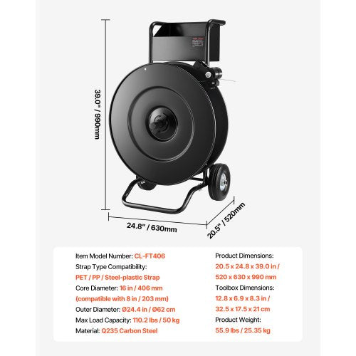 bandvagn, lämplig för PET/PP/stålbandningsrullar med kärnstorlek 20,3/40,6 cm, kraftig bandningsdispenser utrustad med uppgraderad trumbroms, inbyggt rymligt fack för verktyg |  EU