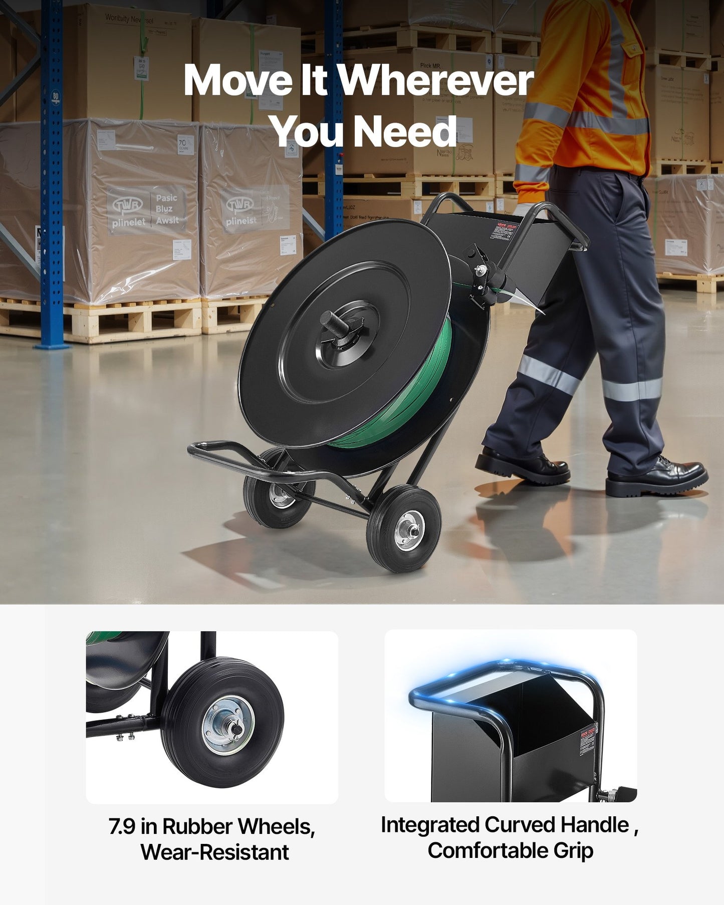 Banding Strapping Cart, Fit for PET / PP / Steel Strap Coils with 8 or 16 inches Core Size, Heavy Duty Strapping Dispenser Equipped with Upgrade Drum Brake, Built-in Spacious Tray for Tools