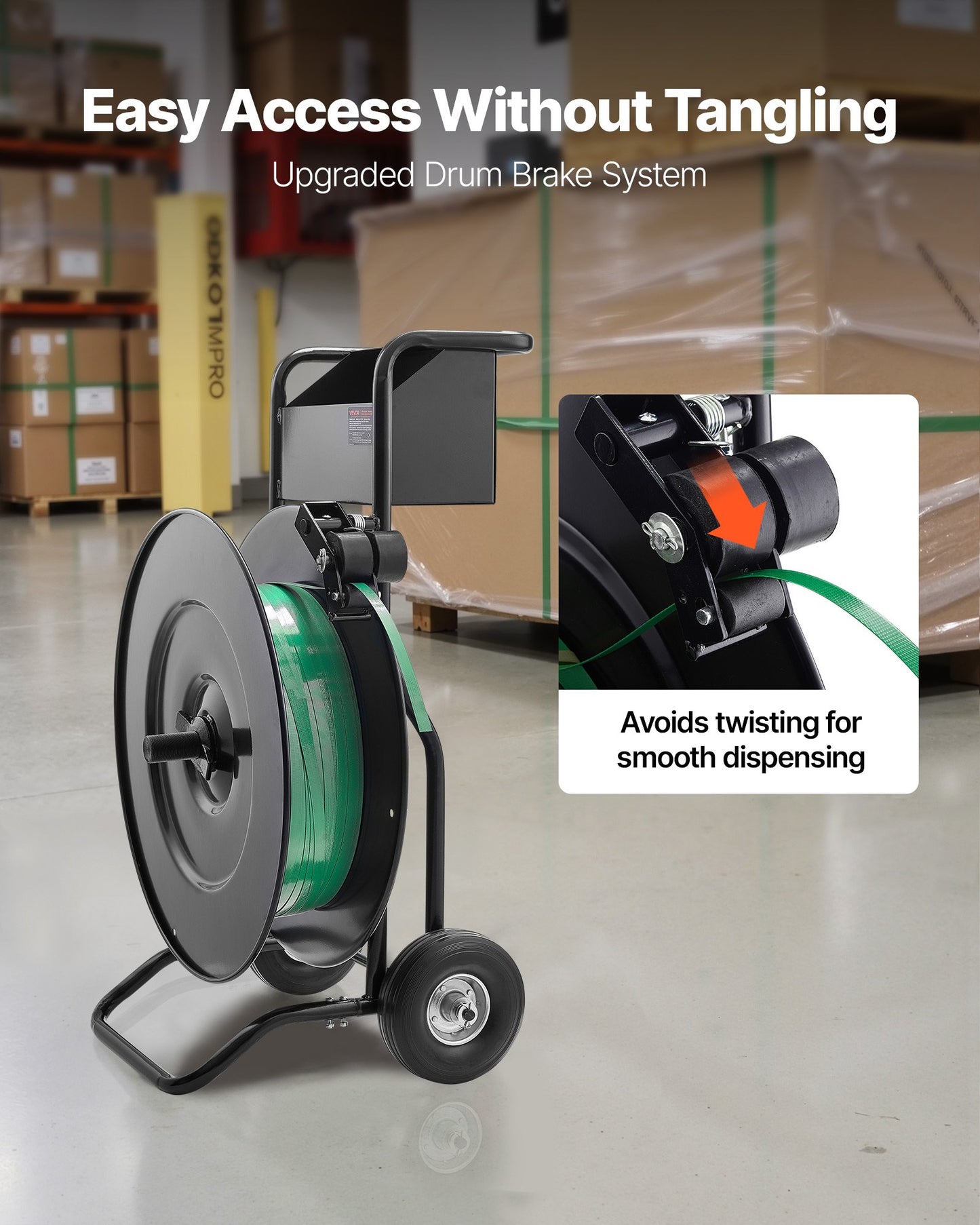 Banding Strapping Cart, Fit for PET / PP / Steel Strap Coils with 8 or 16 inches Core Size, Heavy Duty Strapping Dispenser Equipped with Upgrade Drum Brake, Built-in Spacious Tray for Tools