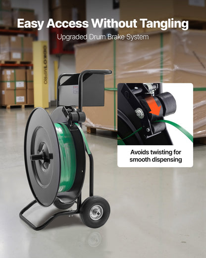 Banding Strapping Cart, Fit for PET / PP / Steel Strap Coils with 8 or 16 inches Core Size, Heavy Duty Strapping Dispenser Equipped with Upgrade Drum Brake, Built-in Spacious Tray for Tools
