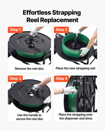 Banding Strapping Cart, Fit for PET / PP / Steel Strap Coils with 8 or 16 inches Core Size, Heavy Duty Strapping Dispenser Equipped with Upgrade Drum Brake, Built-in Spacious Tray for Tools