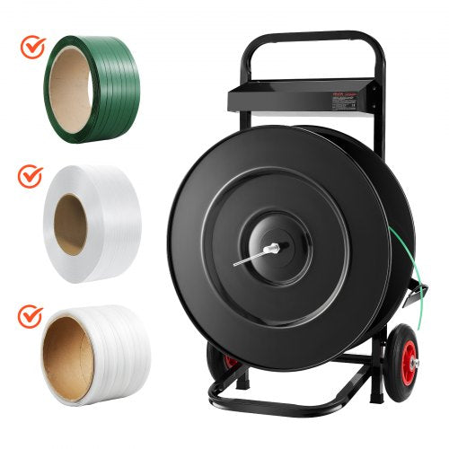 Banding Strapping Cart, Fit for PET/PP/Polyester Strapping Coils with 8 or 16 in Core Size, Heavy Duty Strapping Dispenser Equipped with Upgrade Brake System, Built-in Spacious Tray for Tools