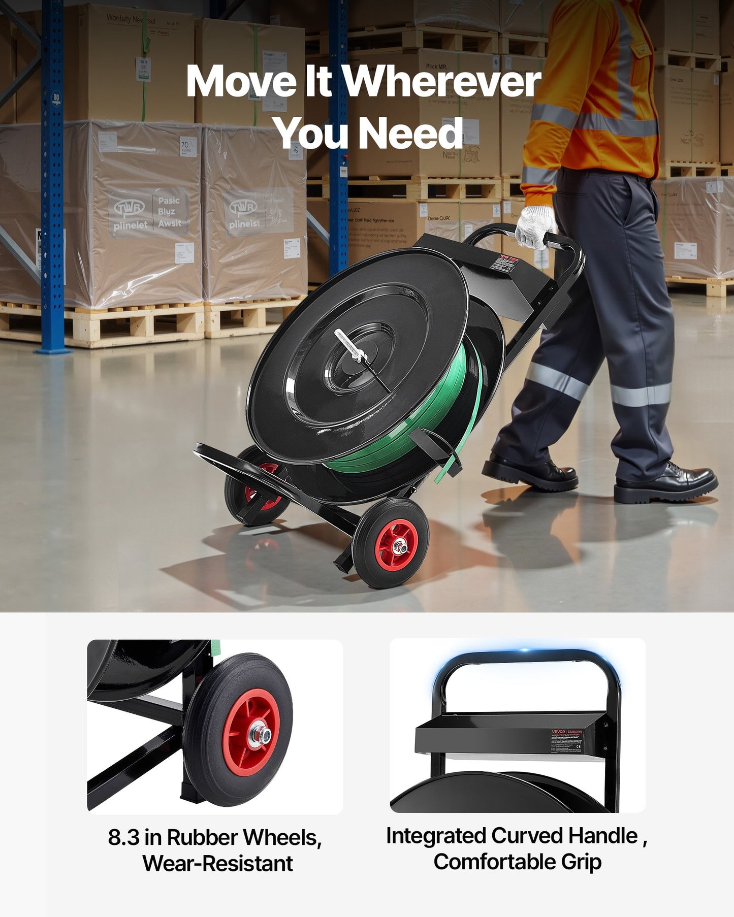 Banding Strapping Cart, Fit for PET/PP/Polyester Strapping Coils with 8 or 16 in Core Size, Heavy Duty Strapping Dispenser Equipped with Upgrade Brake System, Built-in Spacious Tray for Tools