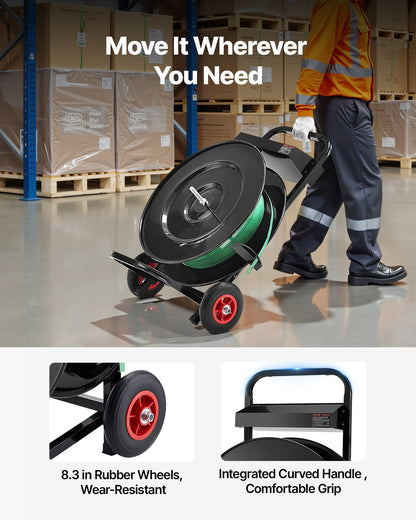Banding Strapping Cart, Fit for PET/PP/Polyester Strapping Coils with 8 or 16 in Core Size, Heavy Duty Strapping Dispenser Equipped with Upgrade Brake System, Built-in Spacious Tray for Tools