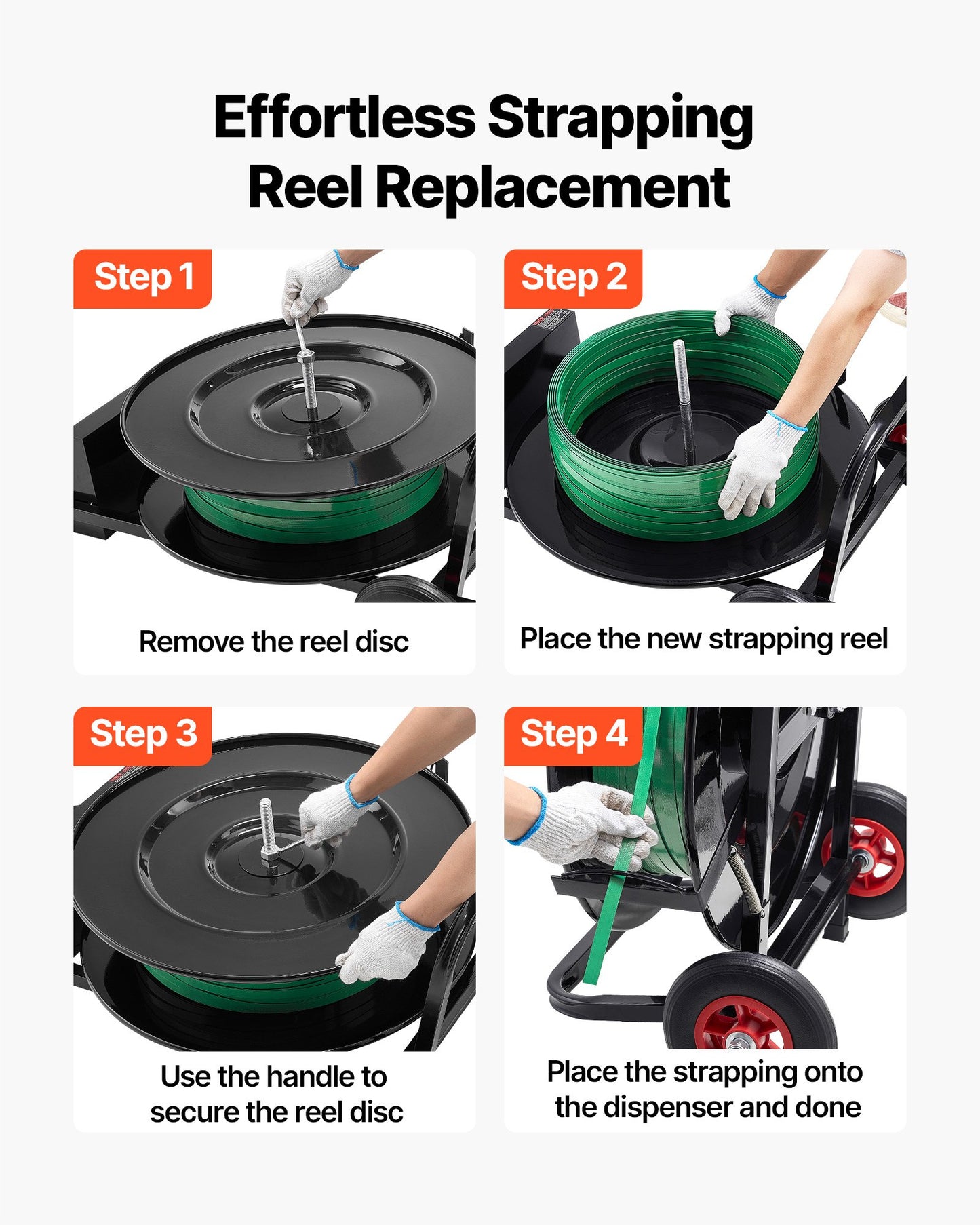 Banding Strapping Cart, Fit for PET/PP/Polyester Strapping Coils with 8 or 16 in Core Size, Heavy Duty Strapping Dispenser Equipped with Upgrade Brake System, Built-in Spacious Tray for Tools