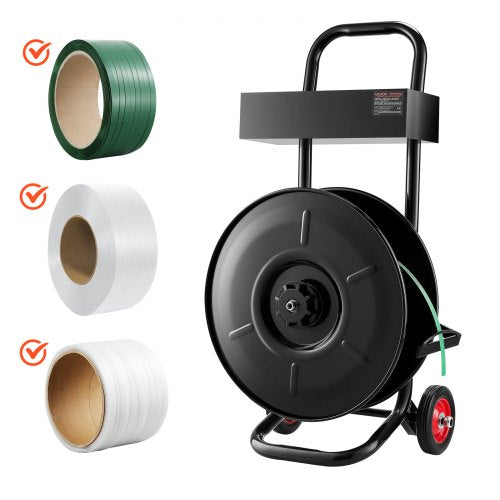 Banding Strapping Cart, Fit for PET / PP / Polyester Strapping Coils with 8 inches Core Size, Heavy Duty Strapping Dispenser Equipped with Upgrade Brake System, Built-in Spacious Tray for Tools