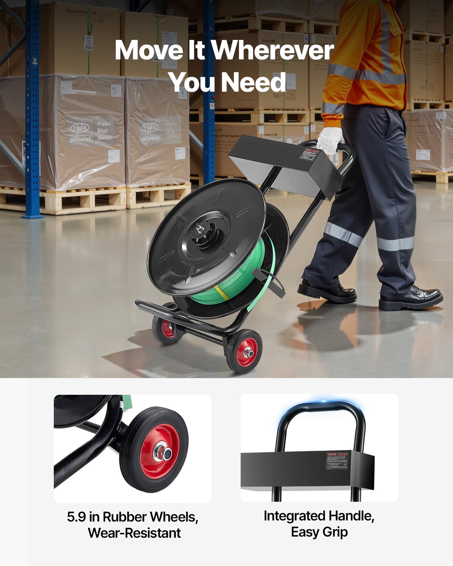 Banding Strapping Cart, Fit for PET / PP / Polyester Strapping Coils with 8 inches Core Size, Heavy Duty Strapping Dispenser Equipped with Upgrade Brake System, Built-in Spacious Tray for Tools