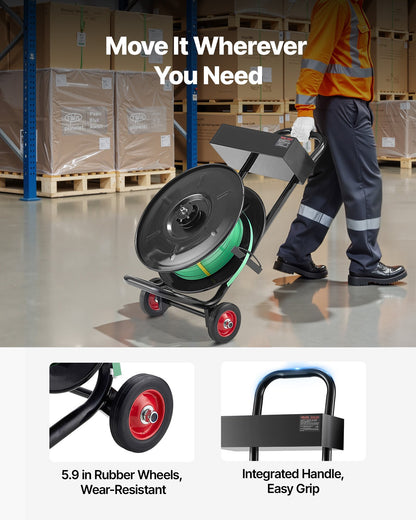 Banding Strapping Cart, Fit for PET / PP / Polyester Strapping Coils with 8 inches Core Size, Heavy Duty Strapping Dispenser Equipped with Upgrade Brake System, Built-in Spacious Tray for Tools