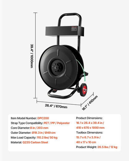Banding Strapping Cart, Fit for PET / PP / Polyester Strapping Coils with 8 inches Core Size, Heavy Duty Strapping Dispenser Equipped with Upgrade Brake System, Built-in Spacious Tray for Tools
