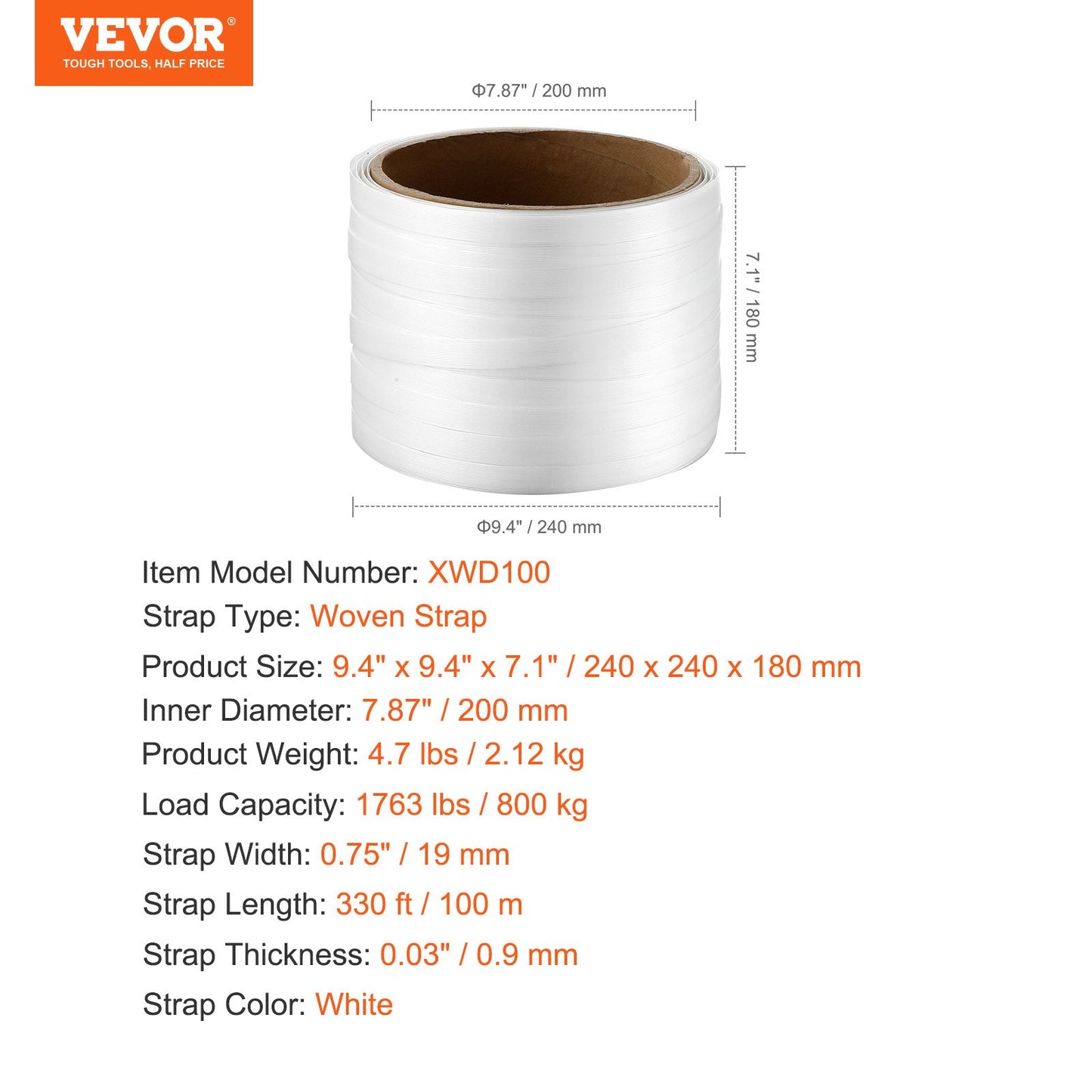Packaging Woven Cord Strapping Roll, 330' Length x 3/4" Width x 0.03" Thickness, 1763 lbs Break Strength, Heavy Duty Banding Pallet Strap Coil, Portable Strong Banding Packing Straps, White
