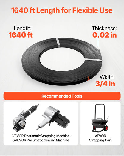 Steel Strapping Coil, 3/4 in x 0.02 in x 1640 ft, Metal Strapping Banding Roll Withstands Harsh Environment, 1700 lbs Break Strength, Heavy Duty Banding Pallet Strap Coil for Pallet Packing