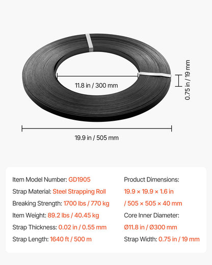 Steel Strapping Coil, 3/4 in x 0.02 in x 1640 ft, Metal Strapping Banding Roll Withstands Harsh Environment, 1700 lbs Break Strength, Heavy Duty Banding Pallet Strap Coil for Pallet Packing