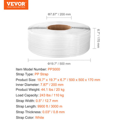 Packaging PP Strapping Roll 1/2" x 0.03" x 9900' Banding Strap 243lbs Load