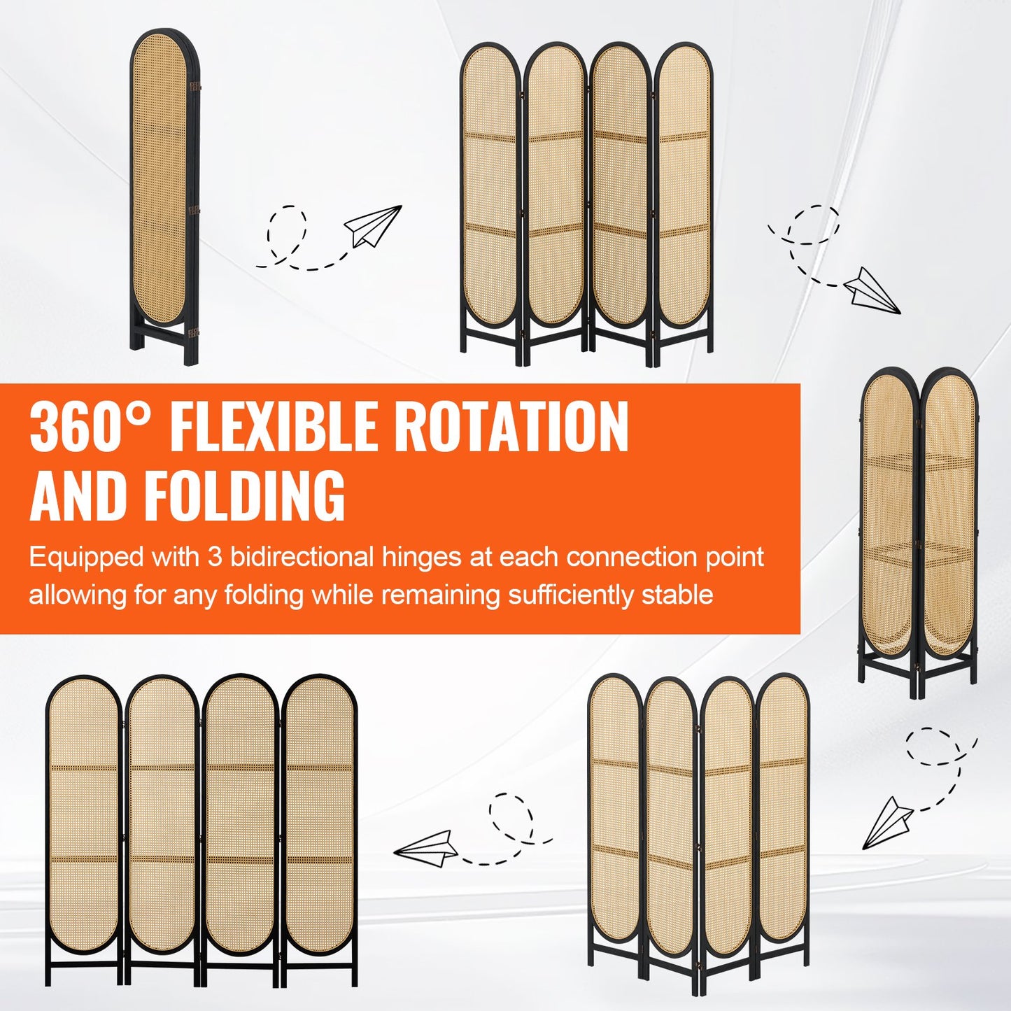 4-teiliger Raumteiler, handgewebt, Rattan, faltbar, Sichtschutz, Braun