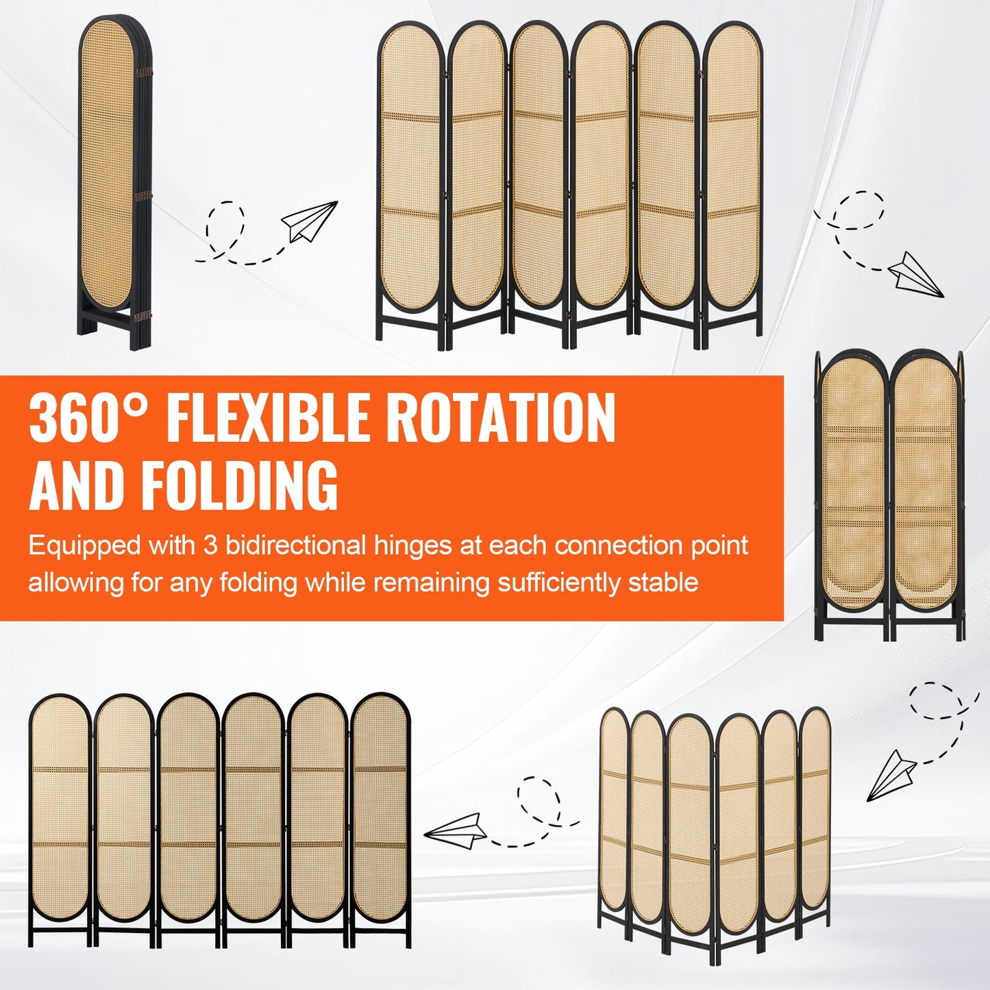 6 Panel Room Divider Handwoven Rattan Foldable Privacy Screens Brown