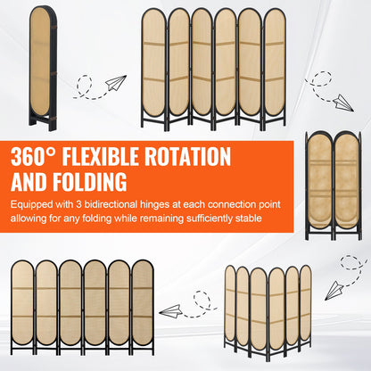 6 Panel Room Divider Handwoven Rattan Foldable Privacy Screens Brown