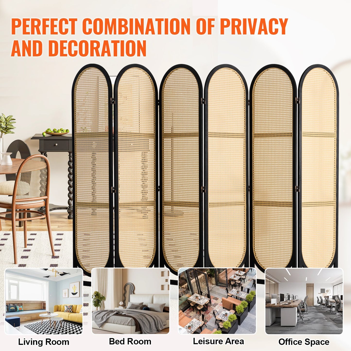 6 Panel Room Divider Handwoven Rattan Foldable Privacy Screens Brown