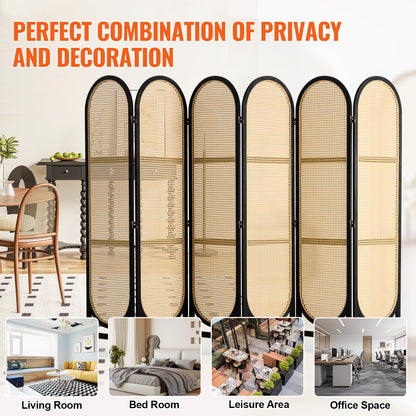 6 Panel Room Divider Handwoven Rattan Foldable Privacy Screens Brown