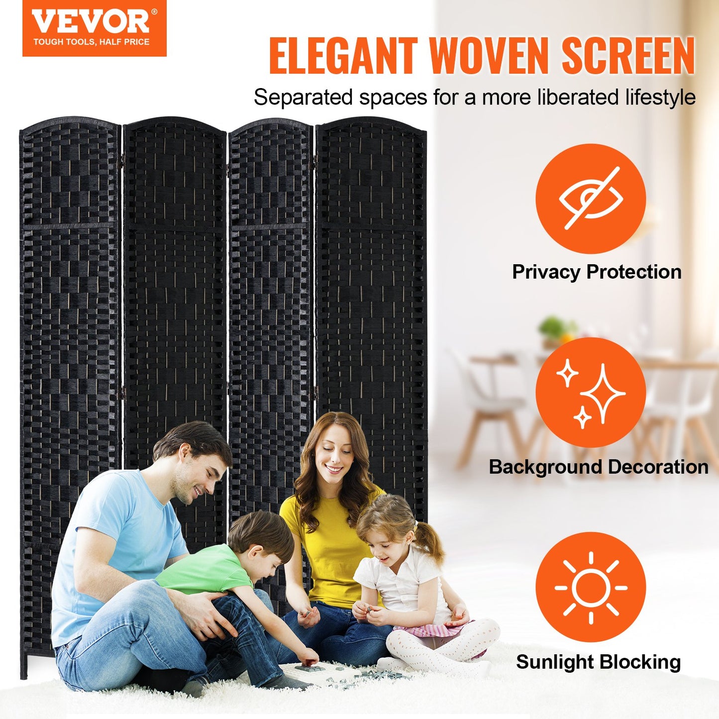 4 Panel Room Divider, Hand-Woven Folding Privacy Screens with Hinges, Portable and Freestanding Partition Room Dividers and Wall Divider for Room Separation, Black