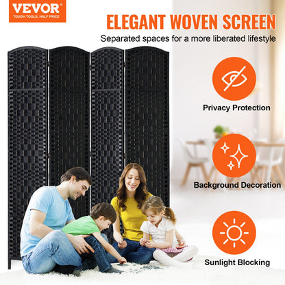 4 Panel Room Divider, Hand-Woven Folding Privacy Screens with Hinges, Portable and Freestanding Partition Room Dividers and Wall Divider for Room Separation, Black