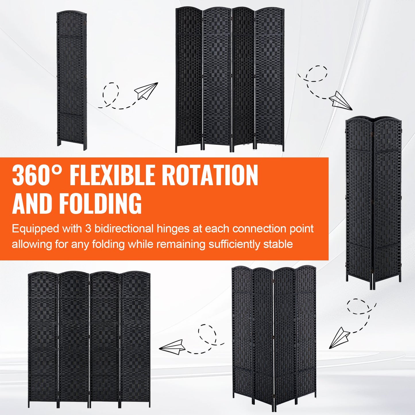 4 Panel Room Divider, Hand-Woven Folding Privacy Screens with Hinges, Portable and Freestanding Partition Room Dividers and Wall Divider for Room Separation, Black