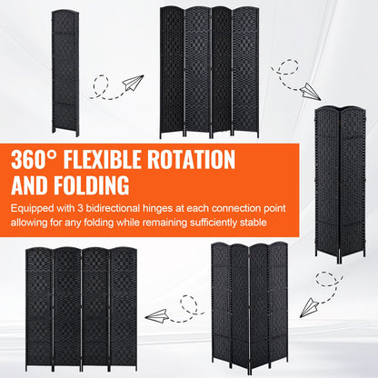 4 Panel Room Divider, Hand-Woven Folding Privacy Screens with Hinges, Portable and Freestanding Partition Room Dividers and Wall Divider for Room Separation, Black