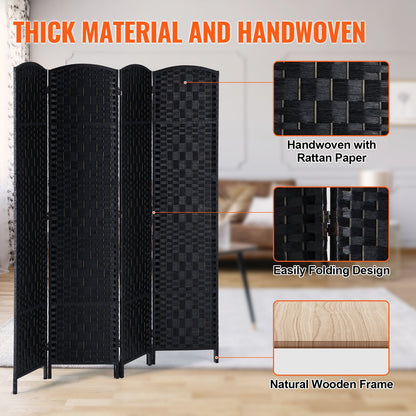 4 Panel Room Divider, Hand-Woven Folding Privacy Screens with Hinges, Portable and Freestanding Partition Room Dividers and Wall Divider for Room Separation, Black