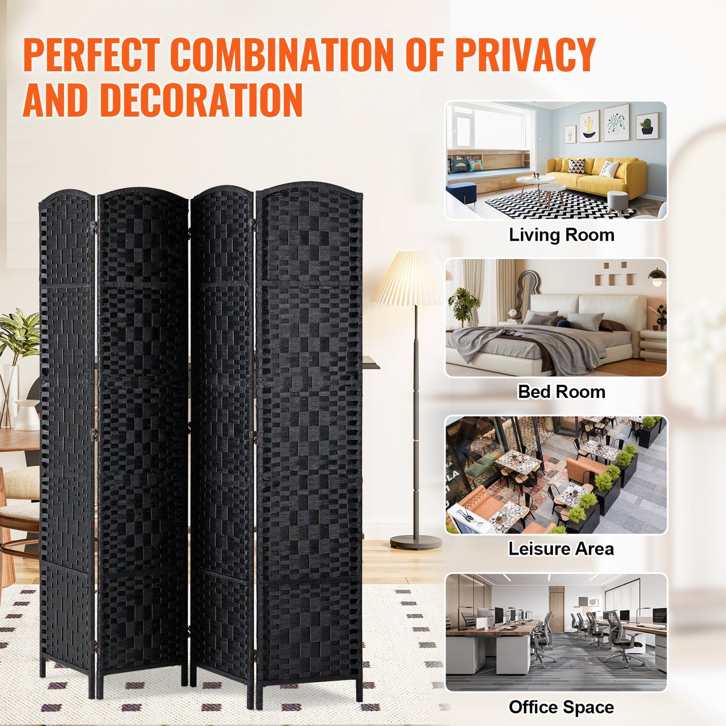 4 Panel Room Divider, Hand-Woven Folding Privacy Screens with Hinges, Portable and Freestanding Partition Room Dividers and Wall Divider for Room Separation, Black