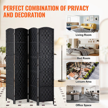 4 Panel Room Divider, Hand-Woven Folding Privacy Screens with Hinges, Portable and Freestanding Partition Room Dividers and Wall Divider for Room Separation, Black
