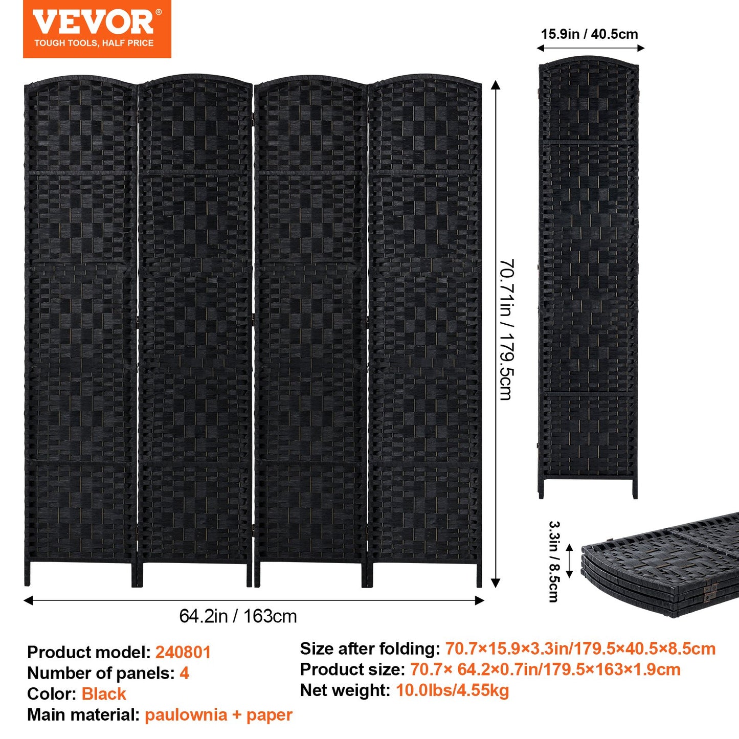 4 Panel Room Divider, Hand-Woven Folding Privacy Screens with Hinges, Portable and Freestanding Partition Room Dividers and Wall Divider for Room Separation, Black