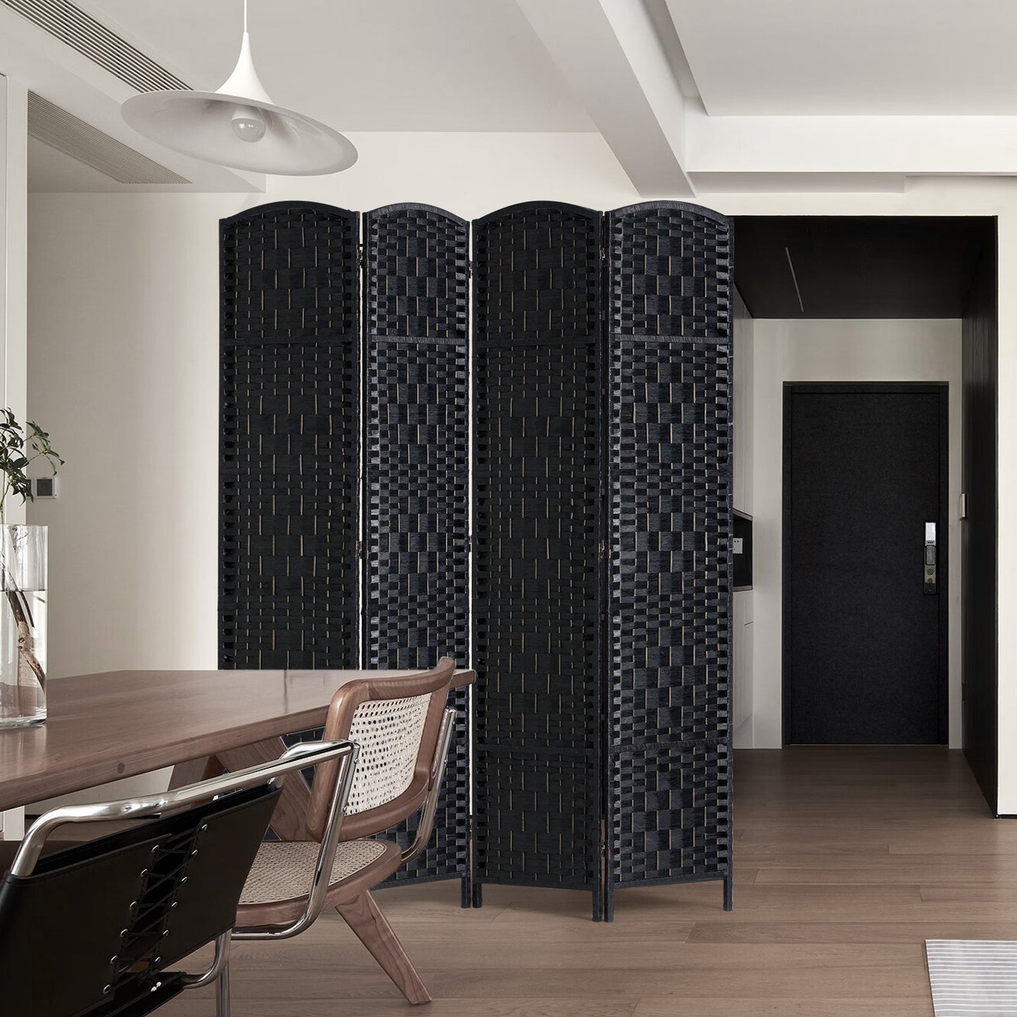 4 Panel Room Divider, Hand-Woven Folding Privacy Screens with Hinges, Portable and Freestanding Partition Room Dividers and Wall Divider for Room Separation, Black