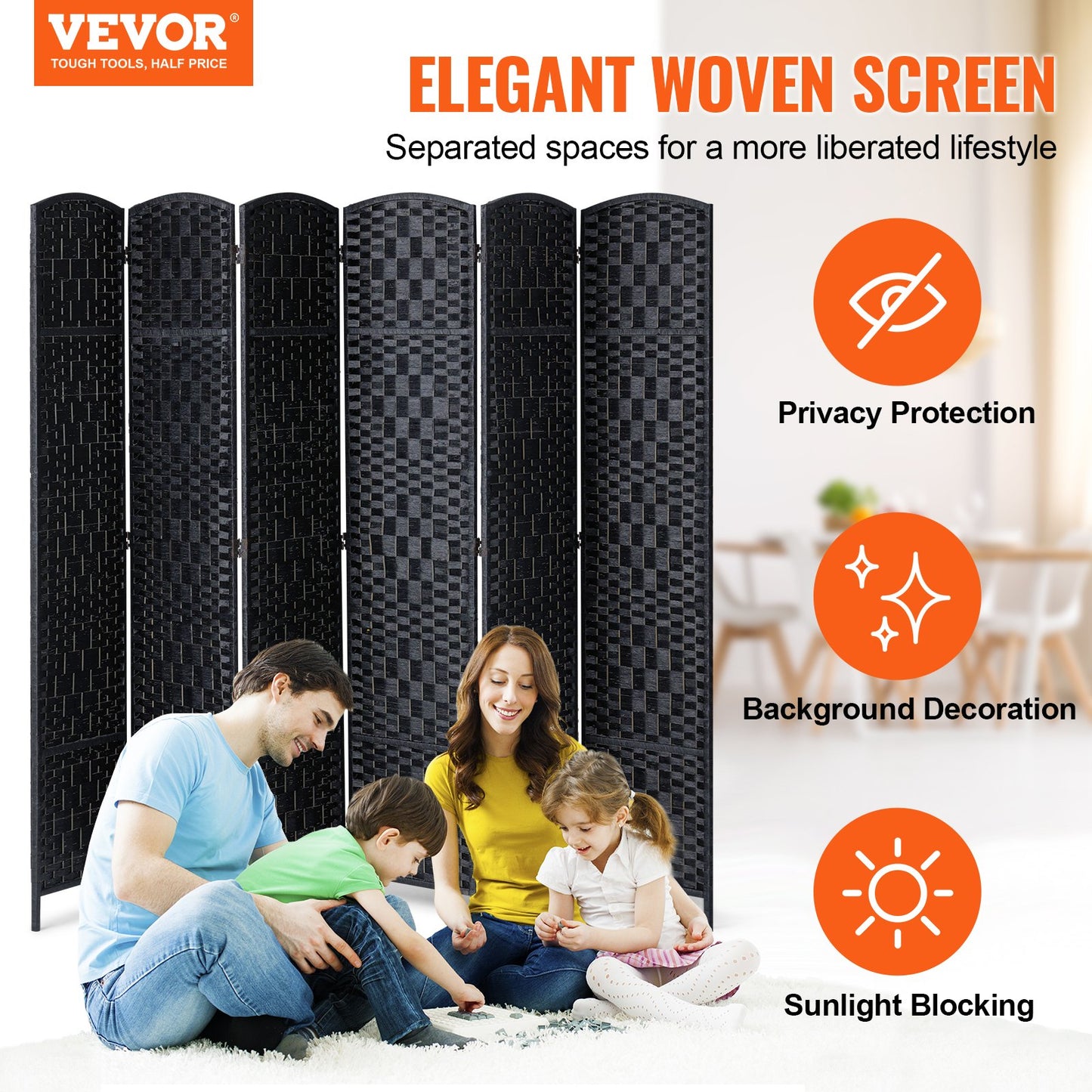 6 Panel Room Divider Handwoven Foldable Privacy Screen with Hinges Black