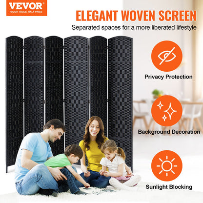 6 Panel Room Divider Handwoven Foldable Privacy Screen with Hinges Black