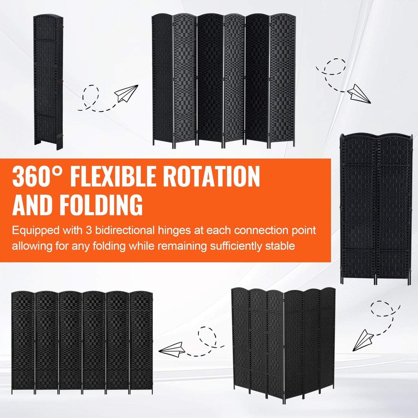 6 Panel Room Divider Handwoven Foldable Privacy Screen with Hinges Black