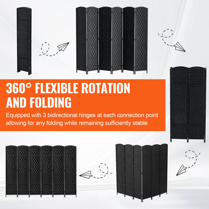 6 Panel Room Divider Handwoven Foldable Privacy Screen with Hinges Black