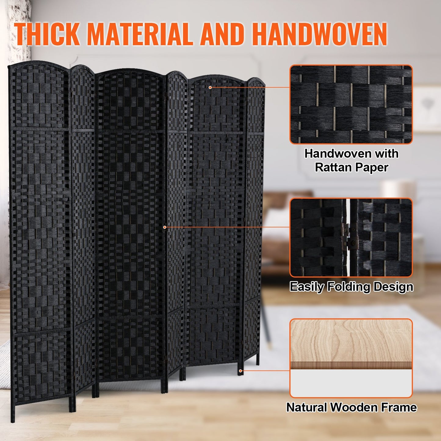 6 Panel Room Divider Handwoven Foldable Privacy Screen with Hinges Black