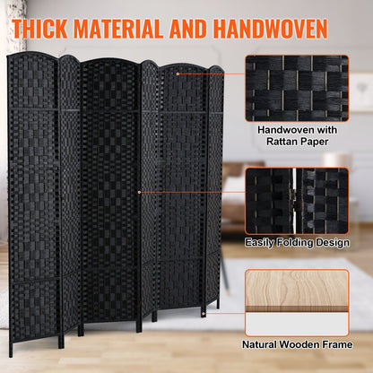 6 Panel Room Divider Handwoven Foldable Privacy Screen with Hinges Black