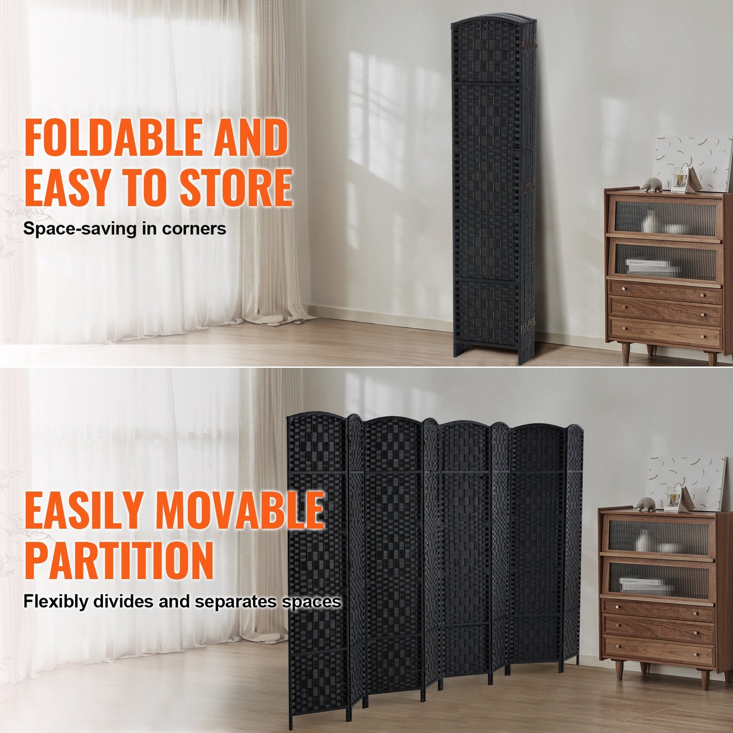 6 Panel Room Divider Handwoven Foldable Privacy Screen with Hinges Black