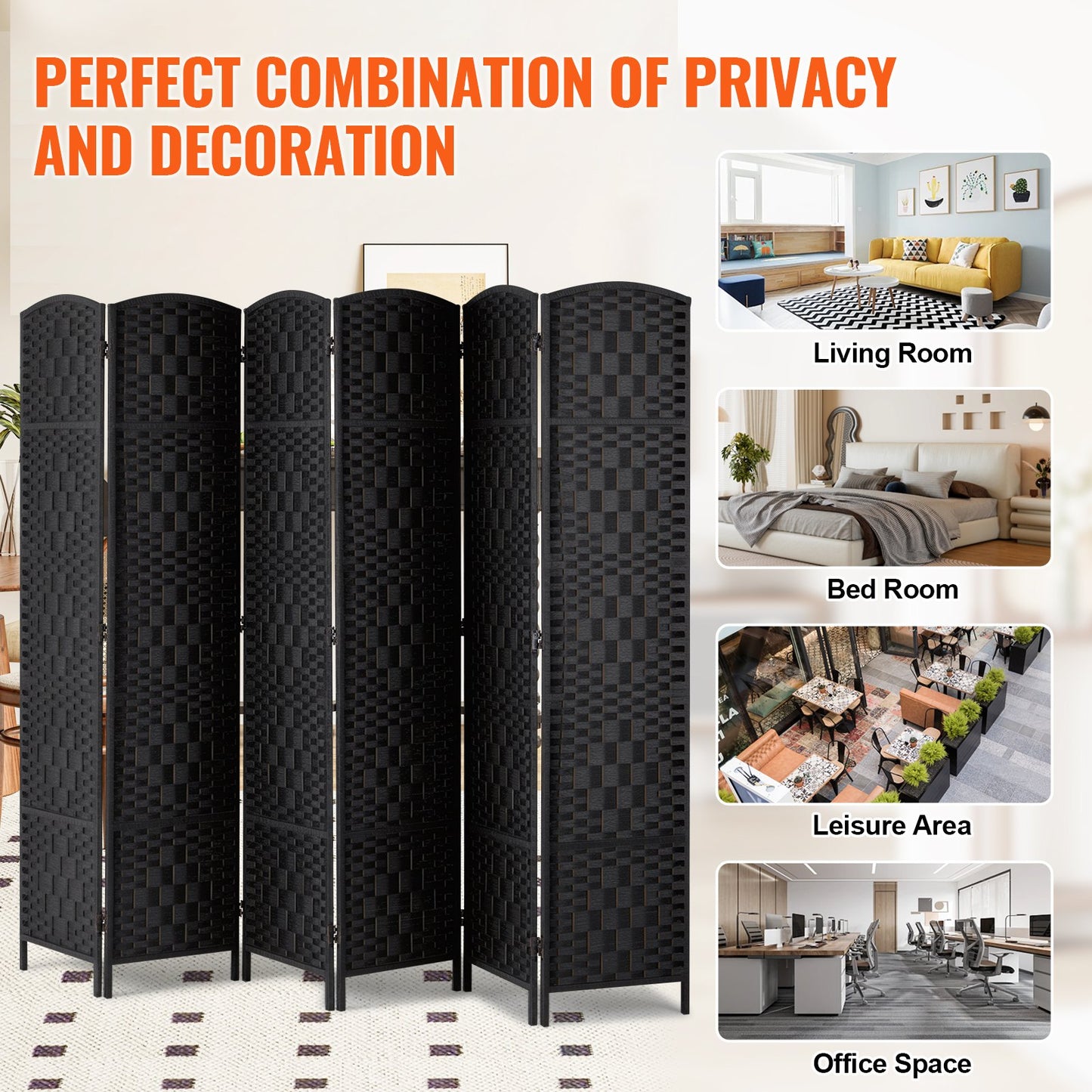 6 Panel Room Divider Handwoven Foldable Privacy Screen with Hinges Black