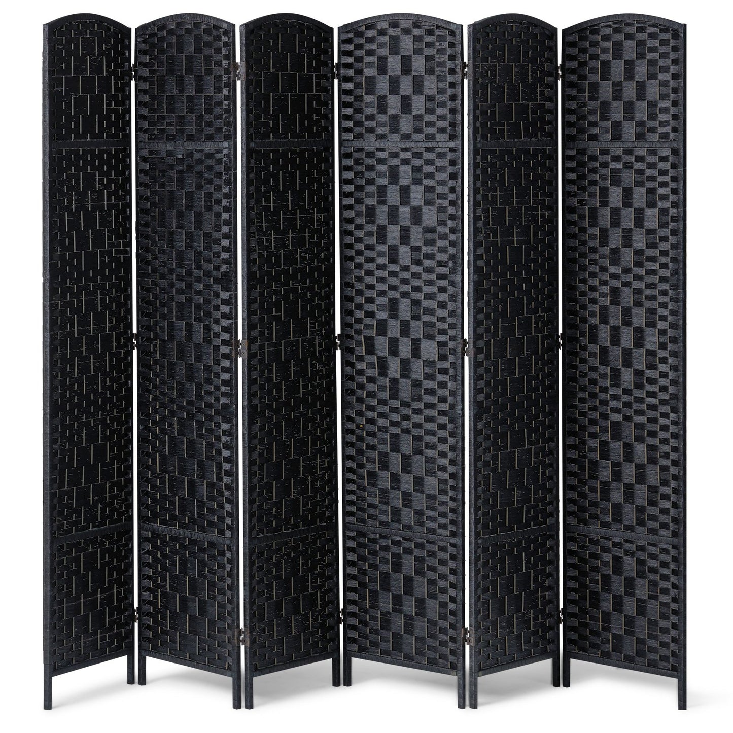 6 Panel Room Divider Handwoven Foldable Privacy Screen with Hinges Black